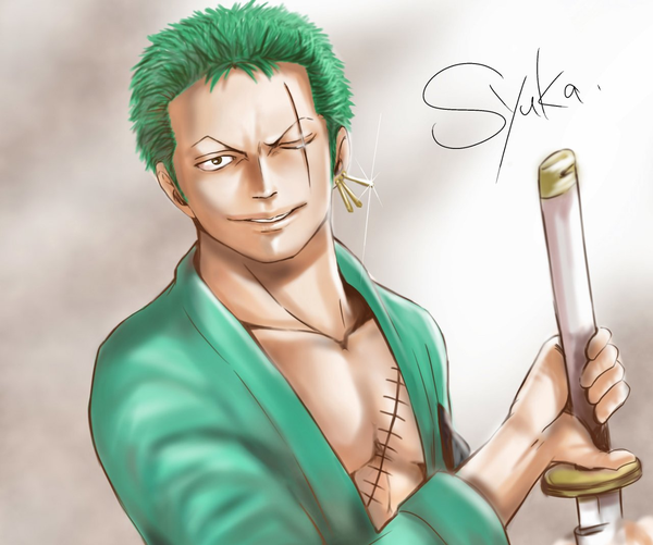 Anime picture 1280x1069 with one piece toei animation roronoa zoro one syuka single looking at viewer short hair simple background holding signed upper body parted lips one eye closed green hair light smile black eyes open clothes sparkle scar unsheathing