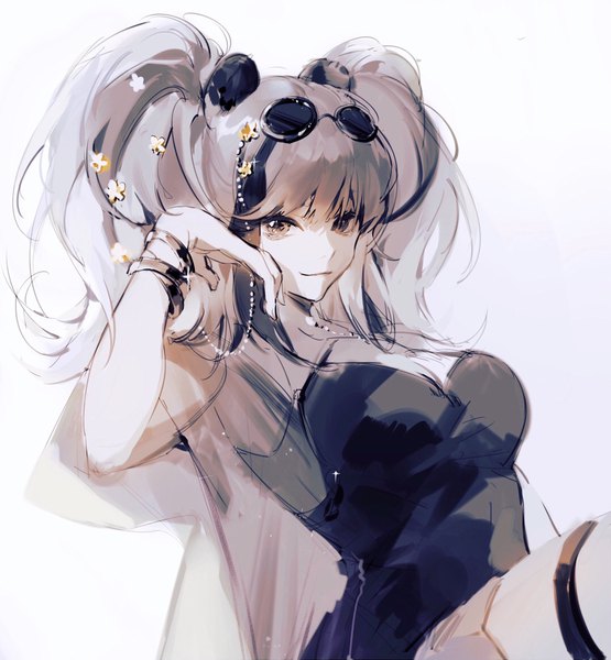 Anime picture 1078x1166 with arknights ambience synesthesia feater (arknights) zichuan single long hair tall image simple background twintails animal ears looking away multicolored hair grey hair black eyes streaked hair official alternate costume sunglasses on head girl bracelet sunglasses