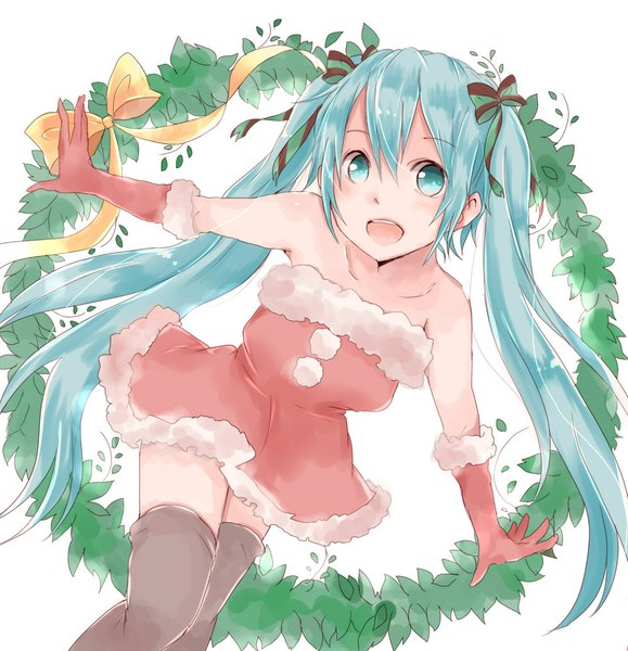 Anime picture 1000x1036 with vocaloid hatsune miku single tall image blush open mouth twintails bare shoulders bent knee (knees) very long hair aqua eyes aqua hair fur trim christmas girl thighhighs gloves bow ribbon (ribbons) black thighhighs
