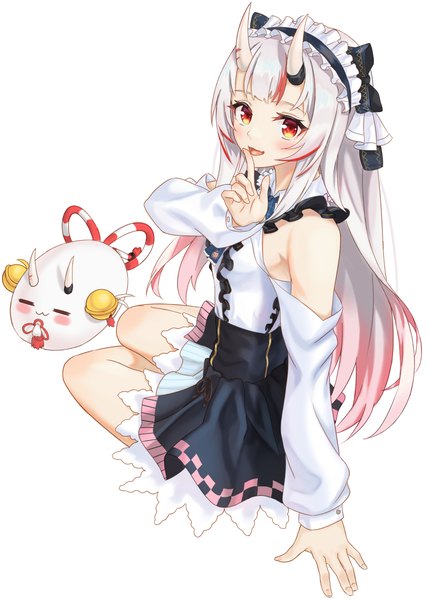 Anime picture 1800x2519 with virtual youtuber hololive nakiri ayame nakiri ayame (3rd costume) poyoyo (nakiri ayame) jiu fanglianhua single long hair tall image looking at viewer highres open mouth simple background red eyes white background sitting bare shoulders silver hair :d multicolored hair