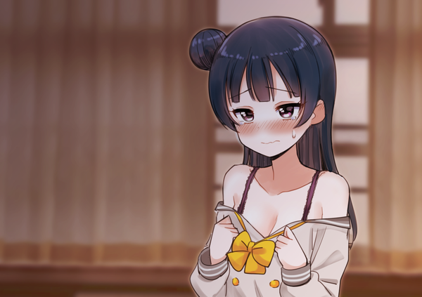 Anime picture 1000x705 with love live! sunshine!! sunrise (studio) love live! tsushima yoshiko deadnooodles single long hair blush fringe breasts light erotic purple eyes bare shoulders blue hair looking away upper body indoors blurry off shoulder hair bun (hair buns)