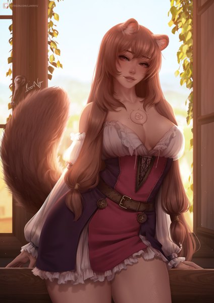 Anime picture 3509x4961 with tate no yuusha no nariagari kinema citrus raphtalia luminyu single long hair tall image looking at viewer blush fringe highres breasts light erotic red eyes brown hair large breasts standing signed animal ears absurdres