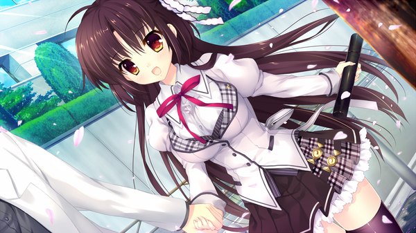 Anime picture 1280x720 with alia's carnival! saijo karin mitha long hair open mouth black hair wide image brown eyes game cg girl thighhighs skirt uniform black thighhighs school uniform petals