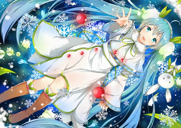 Anime picture 1200x850 with vocaloid hatsune miku yuki miku yuki miku (2015) konka single open mouth blue eyes twintails blue hair ahoge very long hair multicolored hair wide sleeves snowing gradient hair revision girl hair ornament flower (flowers)