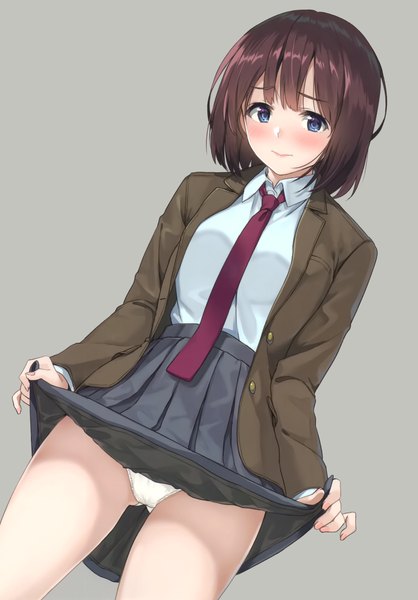 Anime picture 2097x3011 with original unasaka ryou single tall image looking at viewer blush fringe highres short hair blue eyes light erotic simple background brown hair blunt bangs pleated skirt light smile scan grey background open clothes dutch angle