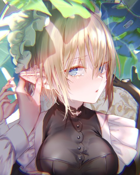 Anime picture 2400x3000 with original pottsness tall image looking at viewer blush fringe highres short hair breasts open mouth blue eyes blonde hair hair between eyes payot upper body pointy ears maid embarrassed elf anaglyph