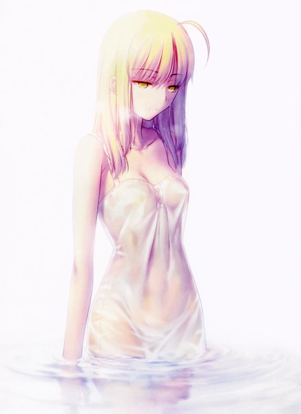 Anime picture 3290x4510 with fate (series) fate/stay night studio deen type-moon artoria pendragon (all) saber saber alter takeuchi takashi single long hair tall image highres light erotic simple background blonde hair white background green eyes yellow eyes absurdres cleavage
