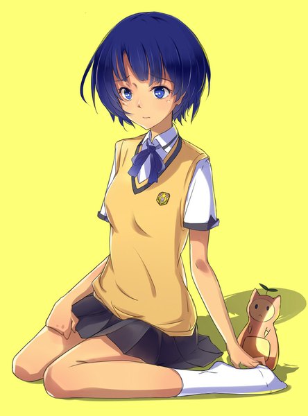 Anime picture 741x1000 with ano natsu de matteru j.c. staff tanigawa kanna rinon (ano natsu de matteru) phantania single tall image blush short hair blue eyes simple background sitting blue hair shadow yellow background girl uniform school uniform animal socks