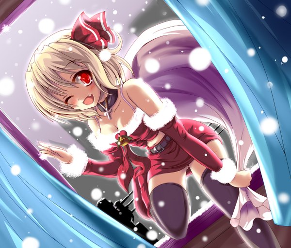 Anime picture 1240x1062 with touhou rumia hiiragi tomoka short hair open mouth blonde hair red eyes bare shoulders one eye closed wink teeth fang (fangs) snowing winter girl thighhighs black thighhighs detached sleeves miniskirt bell