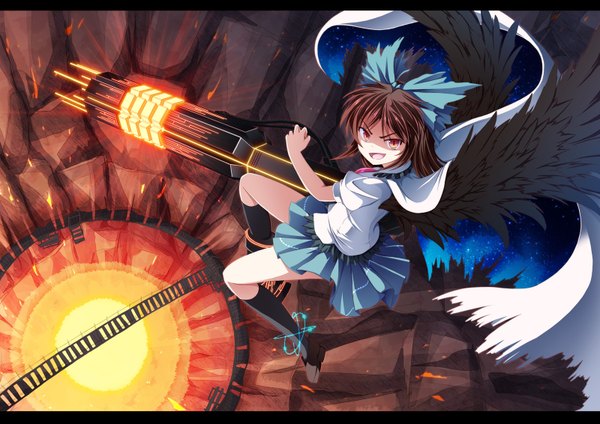 Anime picture 1600x1131 with touhou reiuji utsuho tri (pixiv) single long hair looking at viewer open mouth red eyes brown hair flying arm cannon girl skirt bow weapon hair bow miniskirt shirt wings socks