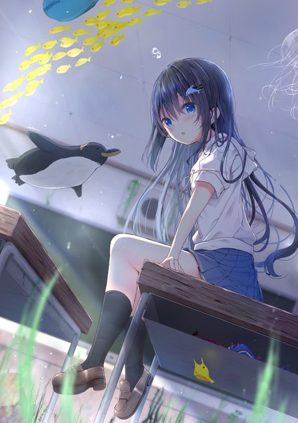 Anime picture 1364x1929 with original kouda suzu single long hair tall image looking at viewer blush fringe open mouth blue eyes black hair hair between eyes sitting full body bent knee (knees) head tilt pleated skirt blurry arm support :o