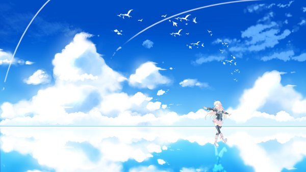 Anime picture 1920x1080 with vocaloid ia (vocaloid) ame no uta (aria-rain) single long hair blush highres open mouth blue eyes smile wide image looking away pink hair sky cloud (clouds) braid (braids) sunlight spread arms scenic girl