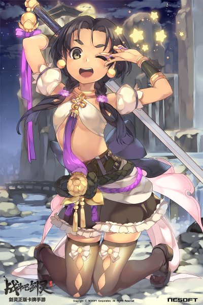 Anime picture 800x1200 with blade & soul btoor single long hair tall image looking at viewer open mouth black hair brown eyes one eye closed wink midriff girl thighhighs bow weapon black thighhighs sword star (symbol)