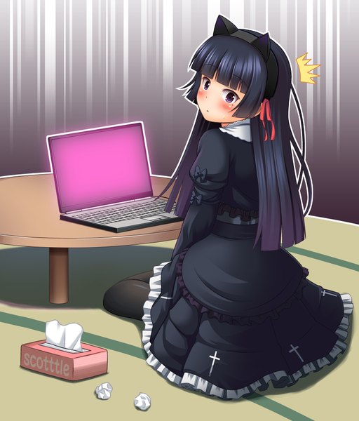 Anime picture 1708x2000 with ore no imouto ga konna ni kawaii wake ga nai gokou ruri nukunuku (hinataboltuko) long hair tall image blush highres black hair sitting purple eyes animal ears looking back cat ears girl laptop