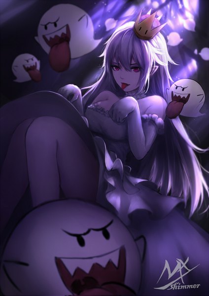 Anime-Bild 1240x1753 mit super mario bros. new super mario bros. u deluxe princess king boo boo (mario) shimmer single long hair tall image looking at viewer fringe breasts open mouth smile hair between eyes purple eyes bare shoulders signed payot cleavage silver hair