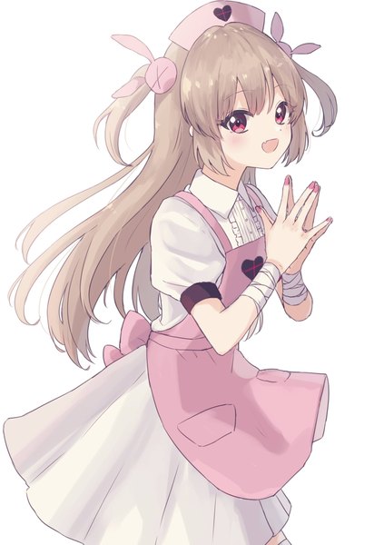 Anime picture 1020x1447 with virtual youtuber sana channel natori sana rinsu (kilakira13) single long hair tall image open mouth simple background red eyes brown hair white background nail polish :d two side up puffy sleeves nurse pink nail polish fingers together heart print