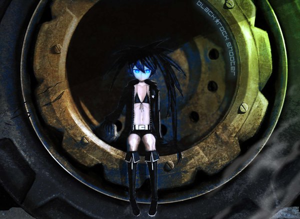 Anime picture 2821x2067 with black rock shooter black rock shooter (character) long hair looking at viewer highres blue eyes black hair sitting twintails inscription girl gloves navel choker shorts boots thigh boots bikini top