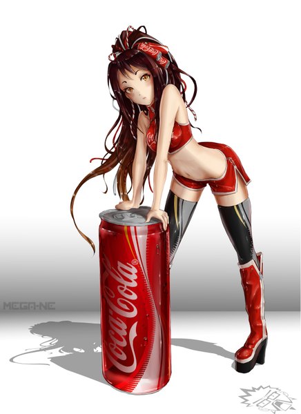 Anime picture 5100x7019 with original coca-cola mega-ne single long hair tall image looking at viewer blush highres open mouth simple background brown hair brown eyes signed absurdres bare belly shadow high heels leaning leaning forward