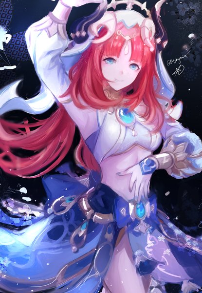 Anime picture 2667x3855 with genshin impact nilou (genshin impact) alphymia single long hair tall image looking at viewer fringe highres breasts light erotic smile standing twintails signed red hair blunt bangs long sleeves nail polish arm up