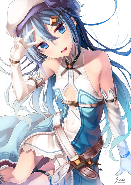 Anime picture 1202x1700 with original lee-chan (saraki) saraki single long hair tall image blush fringe open mouth blue eyes light erotic simple background smile hair between eyes white background bare shoulders signed payot blue hair bent knee (knees)