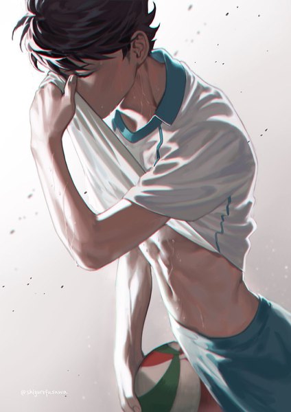 Anime picture 800x1131 with haikyuu!! production i.g ooikawa tooru torinmo single tall image fringe short hair brown hair standing eyes closed sweatdrop muscle boy navel uniform ball volleyball ball