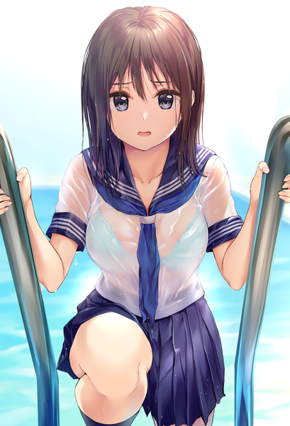 Anime picture 1226x1800 with original pasdar single tall image looking at viewer fringe short hair breasts open mouth blue eyes light erotic hair between eyes brown hair bent knee (knees) pleated skirt blurry short sleeves wet wet clothes wet shirt