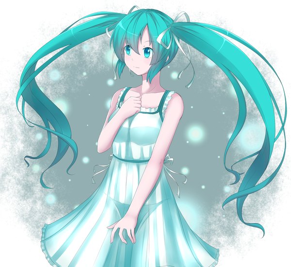 Anime picture 1200x1100 with vocaloid hatsune miku butatikin (artist) single long hair blue eyes twintails bare shoulders looking away aqua hair girl dress ribbon (ribbons) hair ribbon sundress