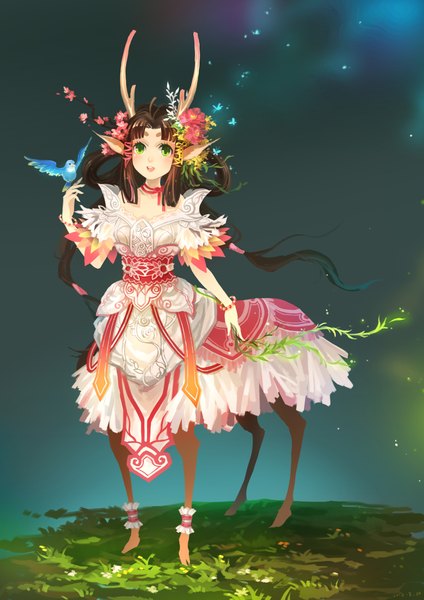 Anime picture 1500x2122 with original huazha01 single long hair tall image looking at viewer fringe open mouth smile brown hair twintails bare shoulders green eyes hair flower horn (horns) pointy ears girl dress hair ornament flower (flowers)