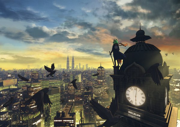 Anime picture 2000x1414 with original mclelun single highres short hair green eyes signed animal ears sky cloud (clouds) tail animal tail green hair fox ears city fox tail cityscape girl animal scarf