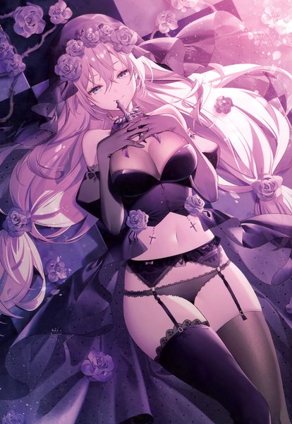 Anime picture 2405x3485 with original riichu single long hair tall image looking at viewer fringe highres breasts blue eyes light erotic smile hair between eyes large breasts twintails bare shoulders pink hair lying hair flower from above