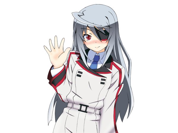 Anime picture 1920x1440 with infinite stratos 8bit laura bodewig single long hair looking at viewer blush highres blue eyes simple background white background silver hair light smile grey hair girl uniform school uniform eyepatch
