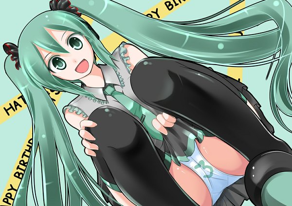 Anime picture 1131x800 with vocaloid hatsune miku long hair open mouth light erotic twintails green eyes green hair pantyshot pantyshot sitting girl thighhighs underwear panties necktie