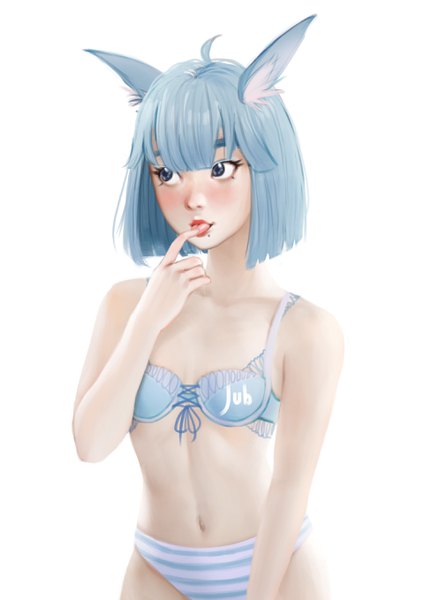 Anime picture 1920x2716 with original lizha (jubi) jubi (regiana) single tall image fringe highres short hair blue eyes light erotic simple background white background signed animal ears blue hair looking away ahoge blunt bangs realistic mole
