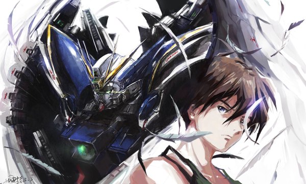Anime picture 3000x1800 with mobile suit gundam gundam wing sunrise (studio) heero yuy stu dts looking at viewer highres short hair blue eyes brown hair wide image boy feather (feathers) mecha