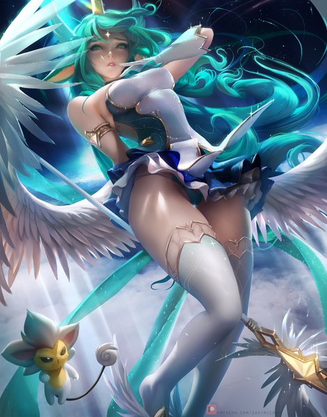 Anime-Bild 3000x3827 mit league of legends soraka (league of legends) star guardian soraka sakimichan single tall image fringe highres breasts light erotic holding green eyes bent knee (knees) parted lips horn (horns) green hair realistic from below pantyshot looking down