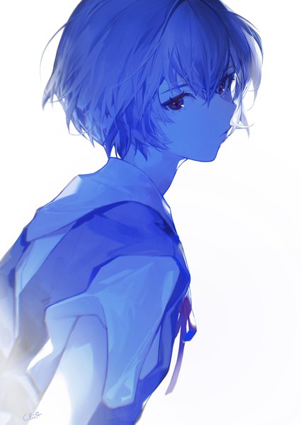 Anime picture 2799x3956 with neon genesis evangelion gainax ayanami rei chi4 single tall image looking at viewer fringe highres short hair simple background hair between eyes white background signed upper body short sleeves turning head polychromatic girl uniform