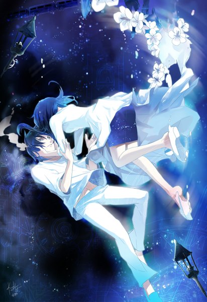 Anime picture 2000x2909 with rahwia long hair tall image highres short hair blue hair absurdres tears face to face silver eyes space girl dress boy skirt flower (flowers) white dress star (stars) pants t-shirt