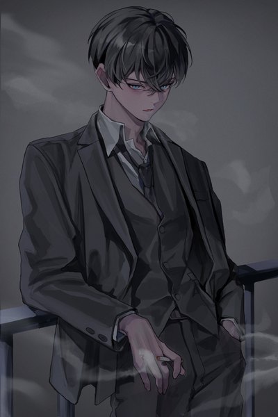 Anime picture 2340x3512 with tokyo revengers matsuno chifuyu popo 6996 single tall image looking at viewer fringe highres short hair blue eyes black hair hair between eyes smoke hand in pocket boy suit cigarette railing business suit