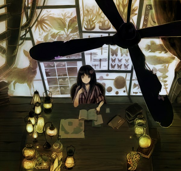 Anime-Bild 1879x1773 mit original aiharafu single long hair highres brown hair sitting brown eyes looking away from above reading girl plant (plants) animal book (books) insect butterfly table fish (fishes) fan
