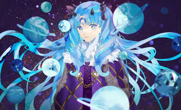 Anime picture 4000x2430 with fate (series) fate/grand order ishtar (fate) space ishtar (fate) parai0 single long hair looking at viewer highres blue eyes wide image blue hair absurdres upper body horn (horns) two side up symbol-shaped pupils forehead mark girl planet