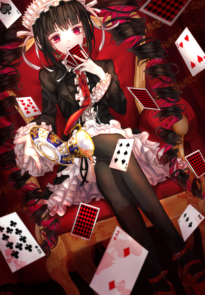 Anime-Bild 760x1091 mit dangan ronpa celestia ludenberg sayayun single long hair tall image looking at viewer blush fringe black hair red eyes sitting twintails payot nail polish dutch angle crossed legs drill hair lolita fashion black nail polish