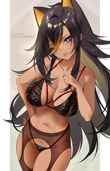 Anime picture 3850x5950 with genshin impact dehya (genshin impact) tofuubear single long hair tall image looking at viewer fringe highres breasts light erotic simple background smile hair between eyes large breasts standing signed animal ears absurdres parted lips