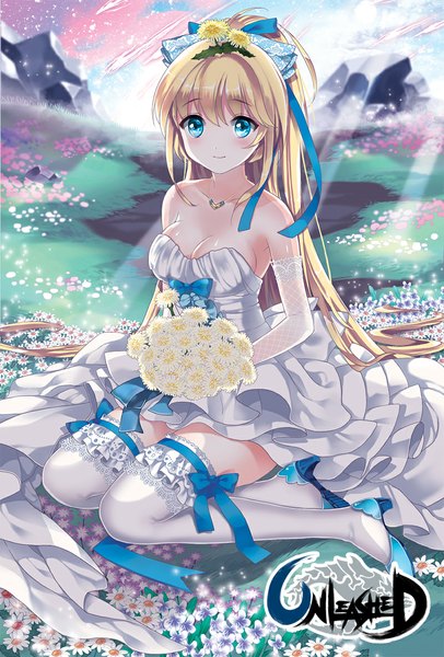 Anime picture 800x1181 with unleashed ice (ice aptx) single tall image looking at viewer blush blue eyes blonde hair very long hair girl thighhighs dress gloves hair ornament flower (flowers) white thighhighs elbow gloves bouquet