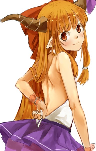 Anime picture 900x1400 with touhou ibuki suika nishiuri (artist) single long hair tall image simple background blonde hair smile red eyes white background bare shoulders looking away horn (horns) pointy ears bare back girl skirt bow hair bow