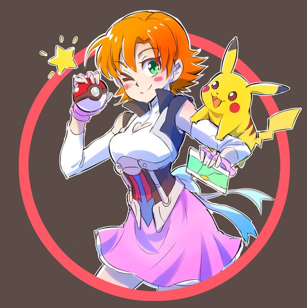 Anime picture 2000x2004 with pokemon rwby pokemon (game) pokemon go nintendo rooster teeth pikachu nora valkyrie iesupa single tall image highres short hair smile holding green eyes one eye closed orange hair dark background crossover