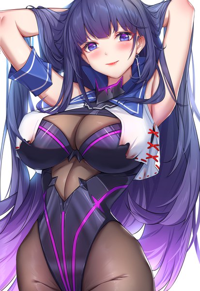 Anime picture 2416x3508 with honkai impact 3rd benghuai xueyuan honkai (series) raiden mei wu ganlan cai single tall image looking at viewer blush fringe highres breasts light erotic simple background smile large breasts standing white background purple eyes purple hair