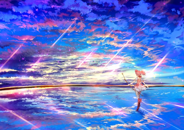 Anime picture 1800x1274 with mahou shoujo madoka magica shaft (studio) kaname madoka ume (plumblossom) single highres short hair twintails pink hair sky cloud (clouds) full body from behind sunlight short twintails reflection scenic girl dress gloves
