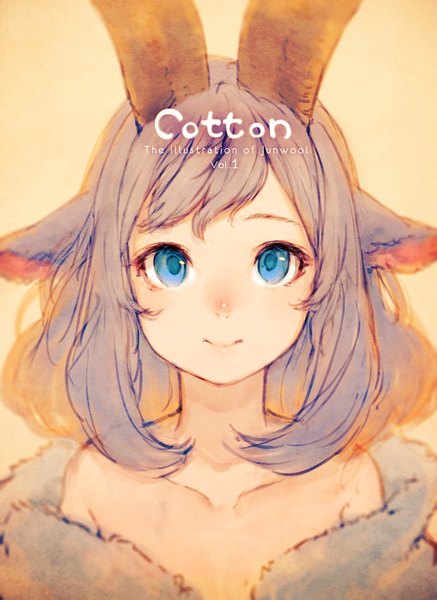 Anime picture 700x960 with original junwool single tall image looking at viewer blush fringe short hair blue eyes simple background bare shoulders signed animal ears horn (horns) grey hair inscription orange background girl