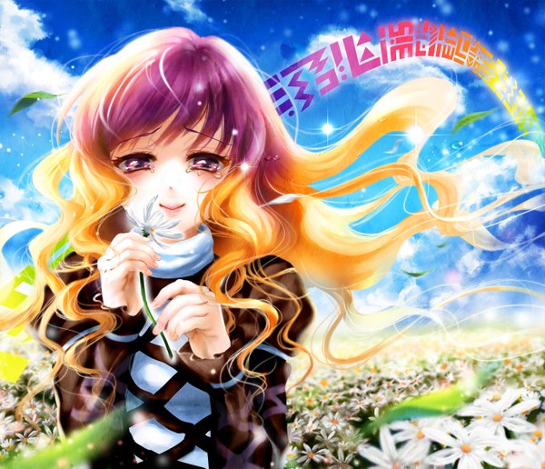 Anime picture 1361x1171 with touhou hijiri byakuren inuboe single long hair smile sky cloud (clouds) pink eyes multicolored hair crying girl dress flower (flowers) star (stars) sorcerer's sutra scroll