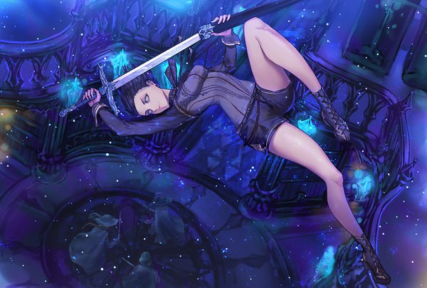 Anime picture 1200x809 with original kankito short hair breasts blue eyes black hair holding full body bent knee (knees) wind high heels looking down solo focus flying lacing unsheathing girl weapon sword shoes